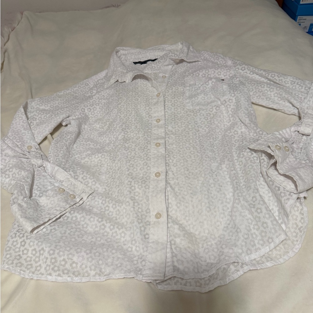 Tommy Hilfiger White Daisy Print Textured Button Up Shirt Women’s Large